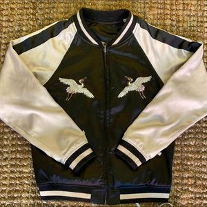 Vintage Suikajan Satin Bomber Jacket w/herons & Tokyo + mountain, reversible